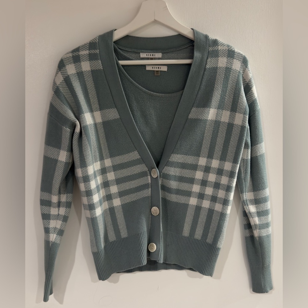 FIONI Women's Two-Piece Checkered Cardigan - Teal and White